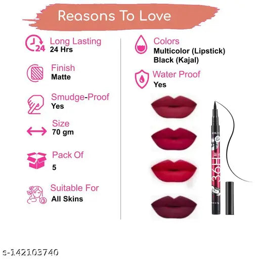 Red edition Long Wearing & Transfer Resistant Longlasting Liquid 4 in 1 Lipstick Smudgeproof & Waterproof (Pack of 5)  100 gm